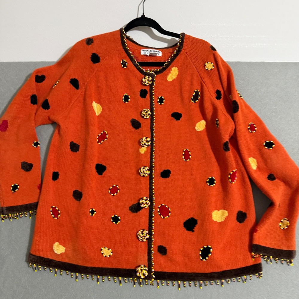 Vintage Jack B Quick Cardigan 2X Orange Beaded Fringe Novelty Sweater 90s fall